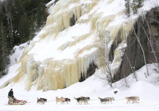 En traîneau à chiens longeant un mur de glace