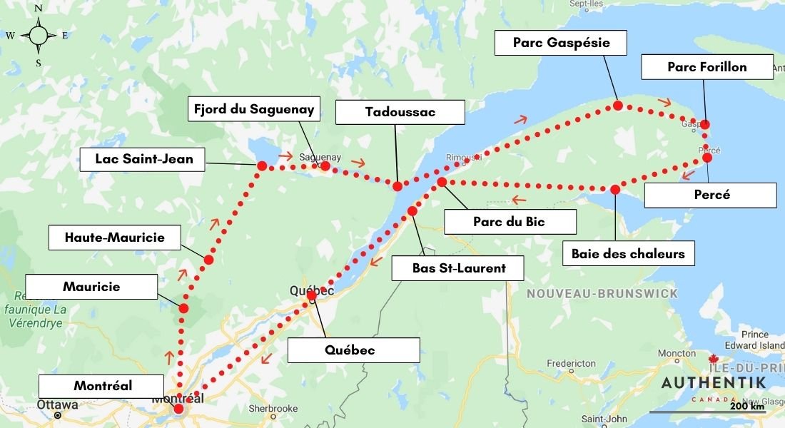 quebec road trip map