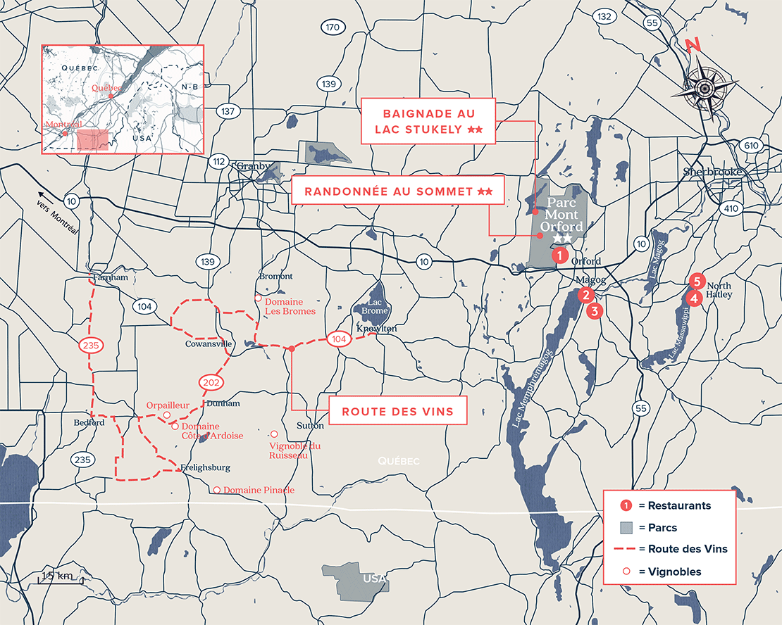 Carte touristique des Cantons-de-l'Est Route des vins des Cantons-de-l'Est
