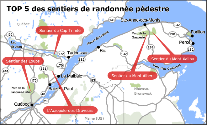 Carte de randonnées pédestres au Québec