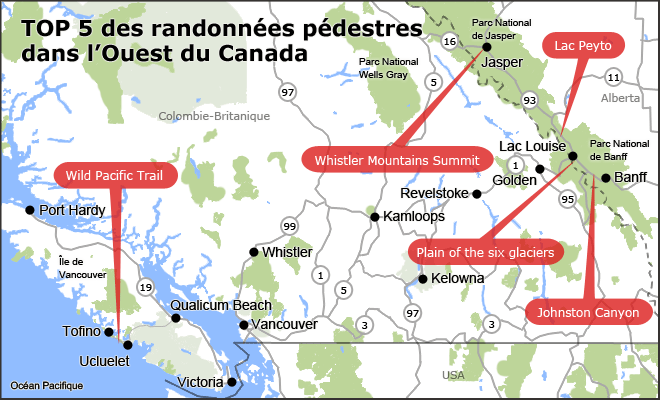 Carte du TOP 5 des sentiers de randonnée pédestre dans l'ouest canadien